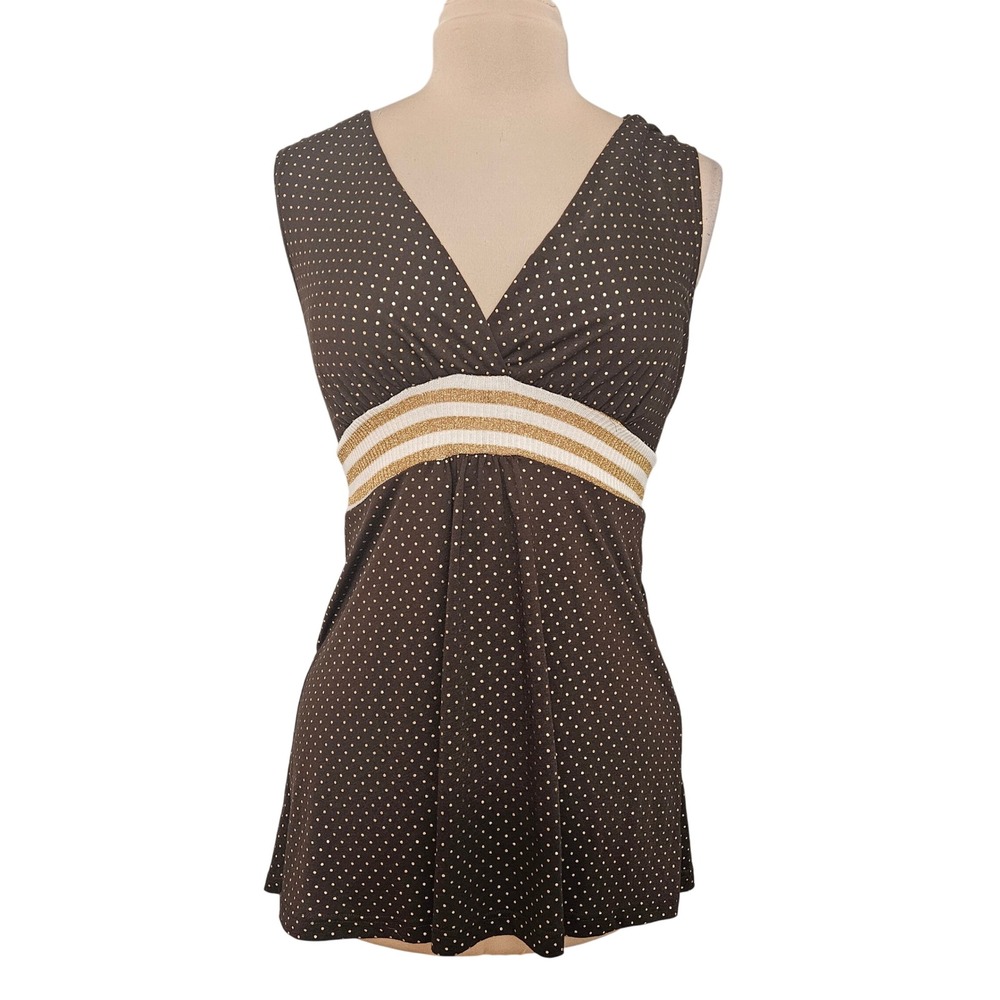Vixen Brown Gold Metallic Polka Dot V-Neck Empire Waist Tunic Top XL Y2K Glam